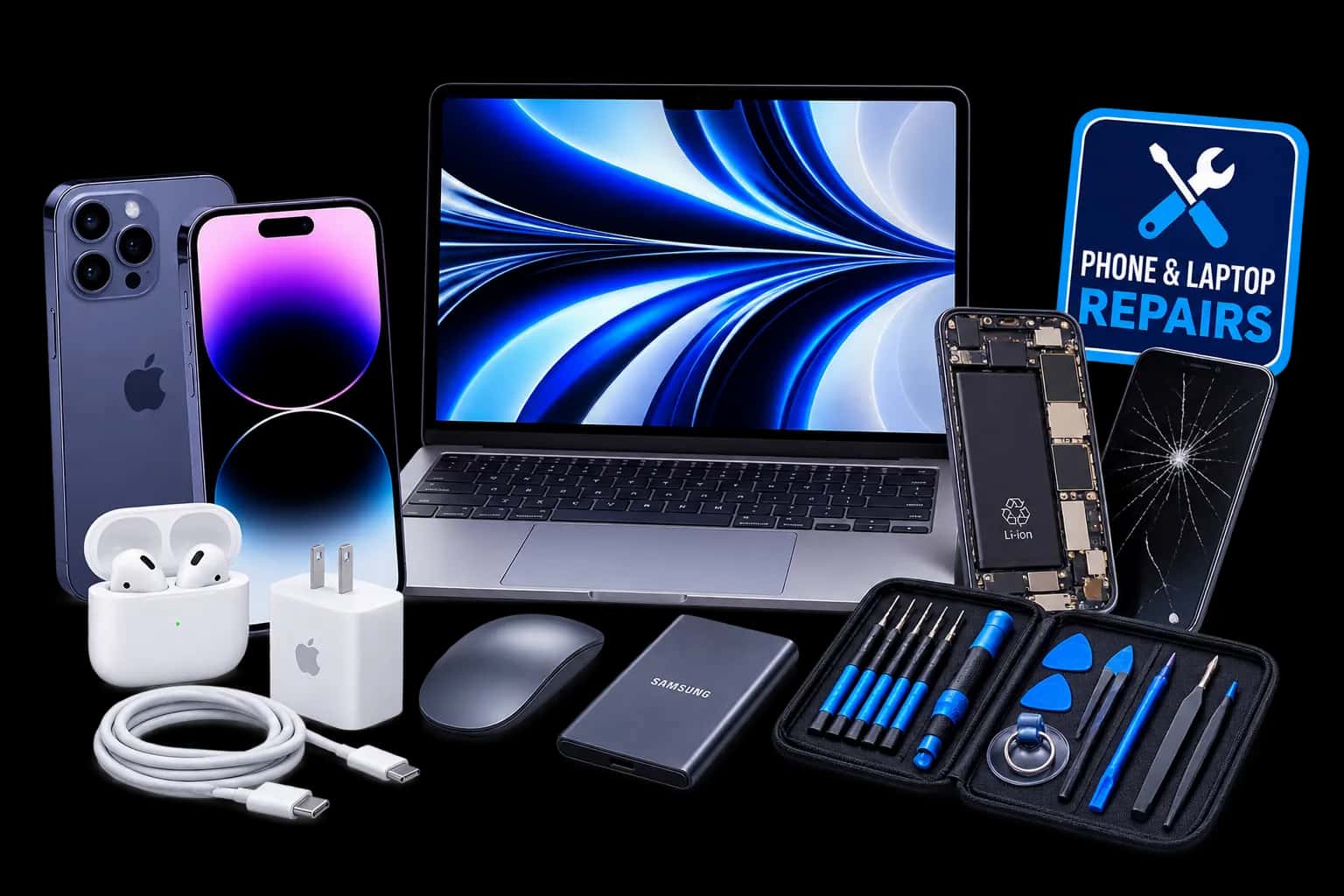 Phones, a laptop, AirPods, a charger, a portable drive and a precision repair toolkit, beside a sign reading Phone and Laptop Repairs