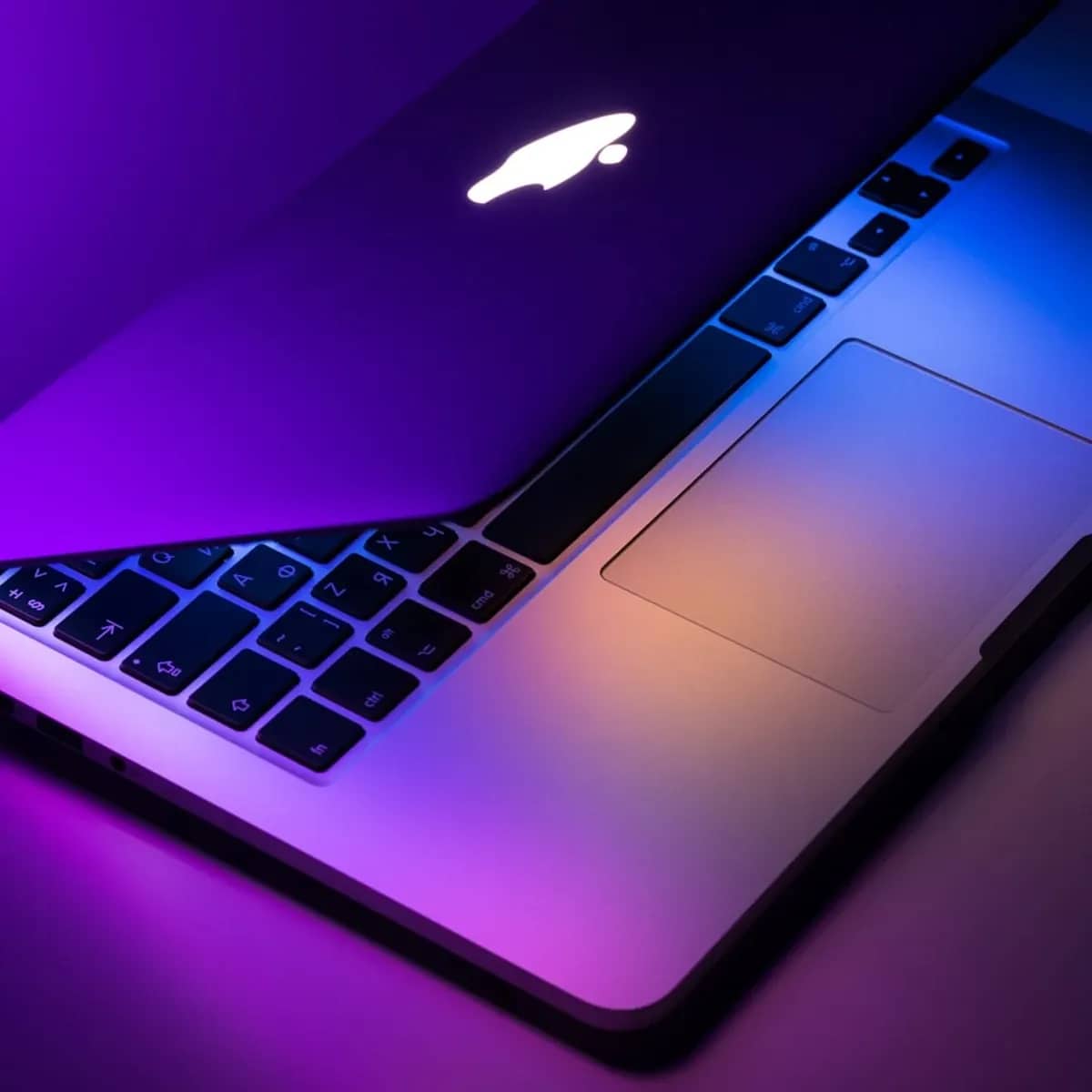 An open laptop seen at a three-quarter angle
