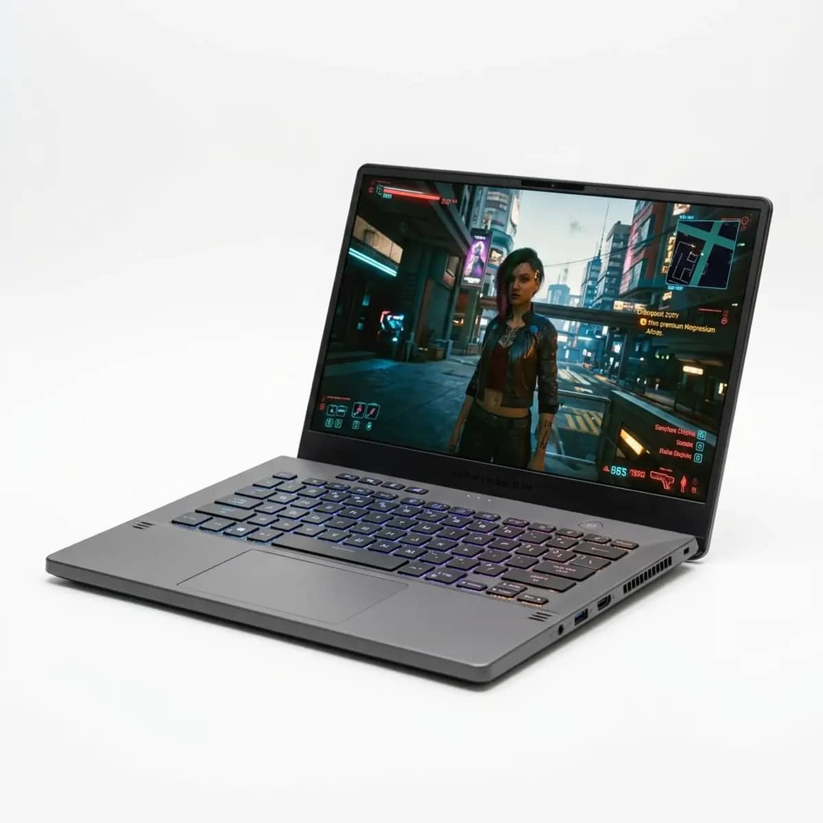 An ASUS ROG Zephyrus G14 open, lid pattern visible