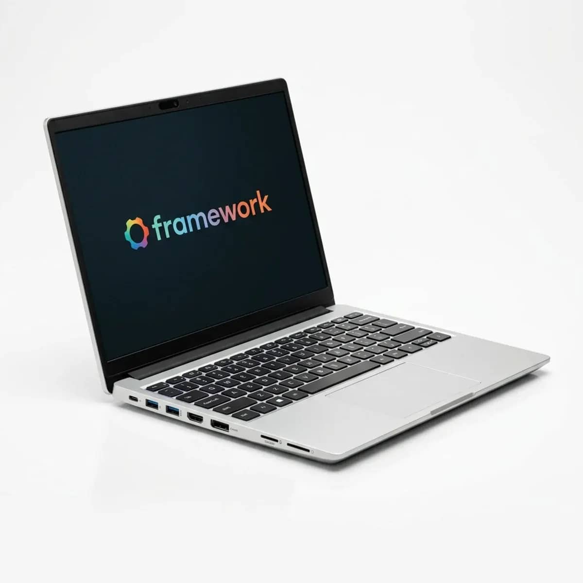 A Framework Laptop 13 with a port module partly removed
