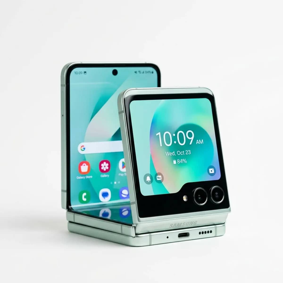 A Galaxy Z Flip 7 shown half folded
