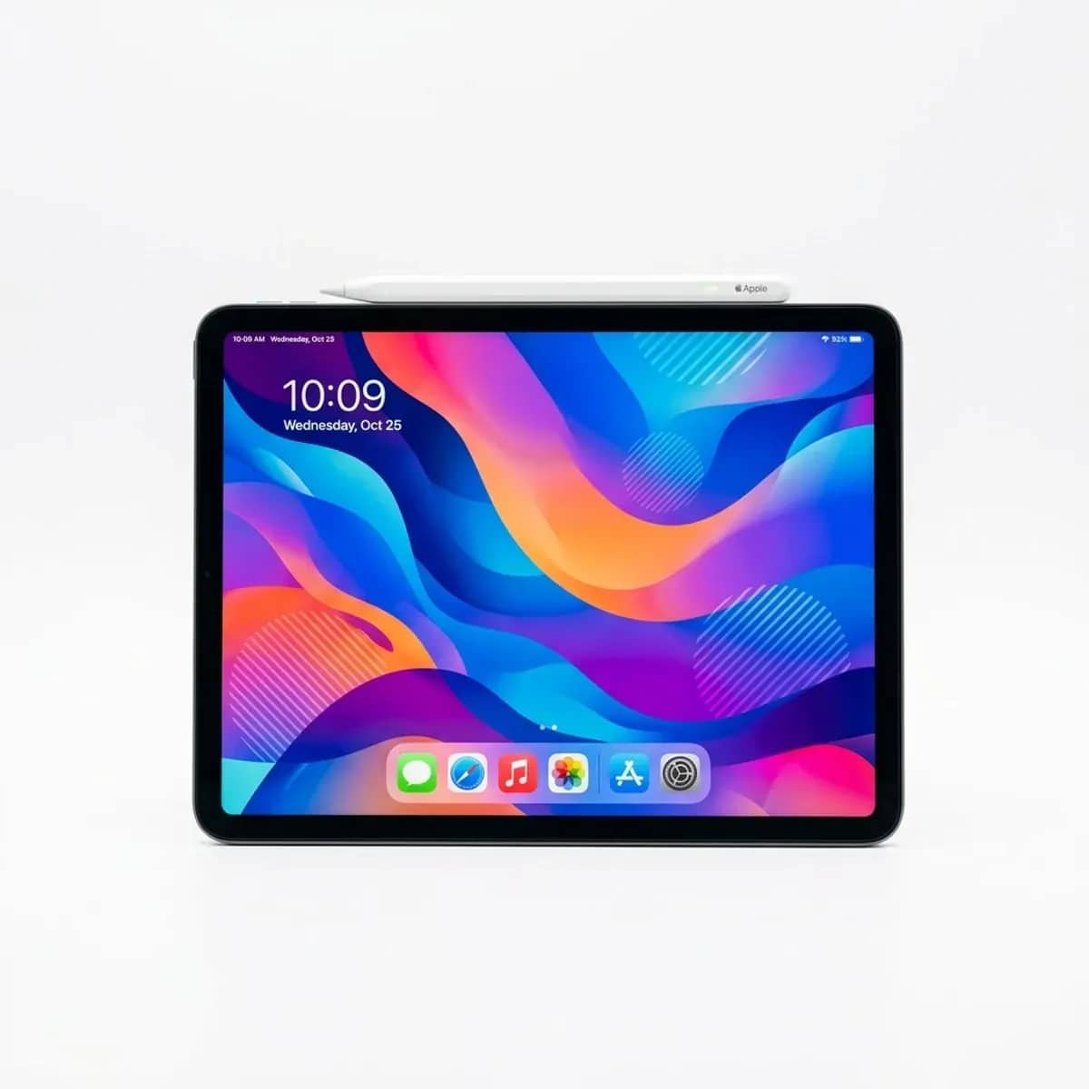 An iPad Air with an Apple Pencil resting on its edge