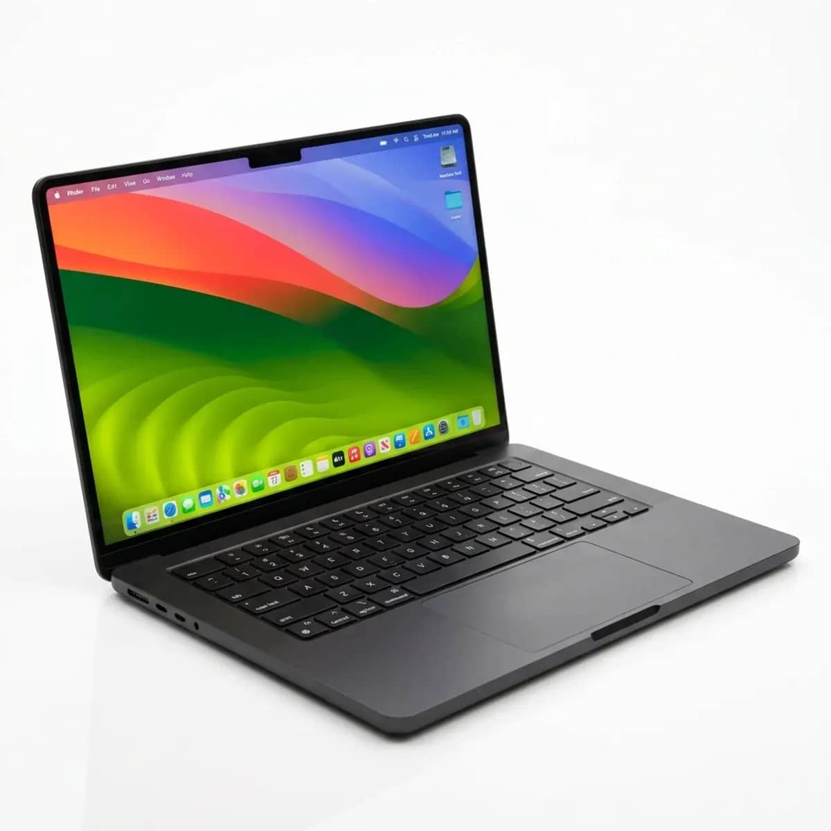 A MacBook Pro 14-inch open, showing its port selection