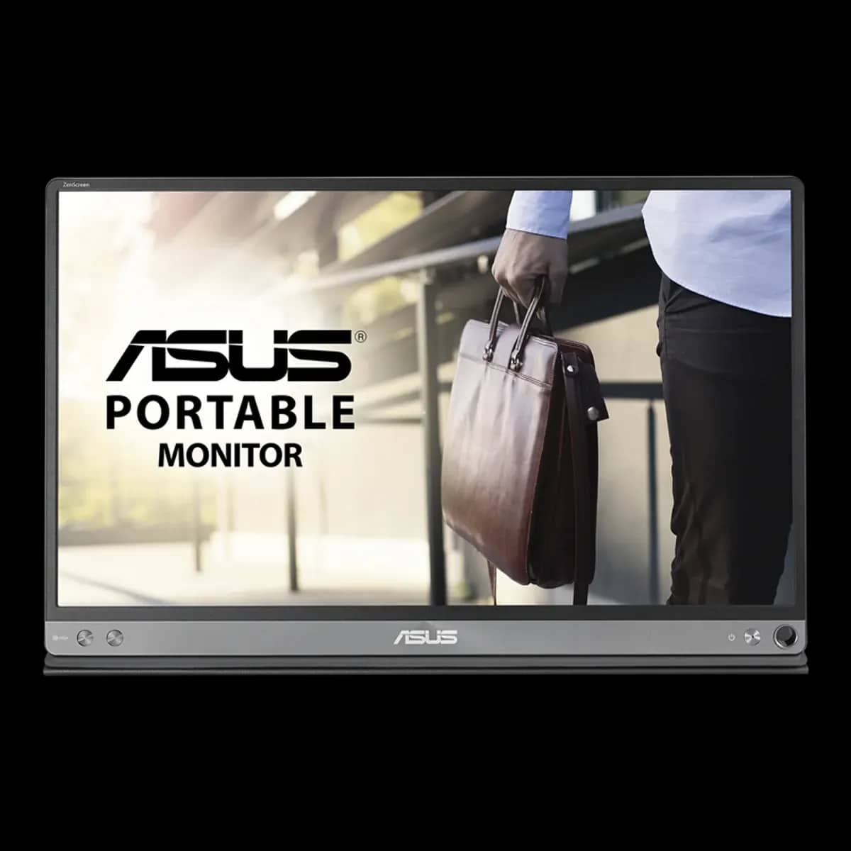 A slim portable monitor standing on its folding cover
